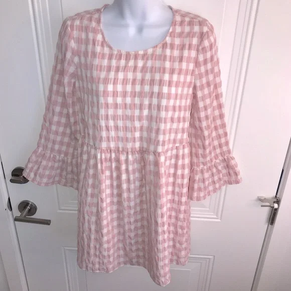 UO Exclusive pink & white textured checked bell ls babydoll dress size XS in EUC - Picture 13 of 16